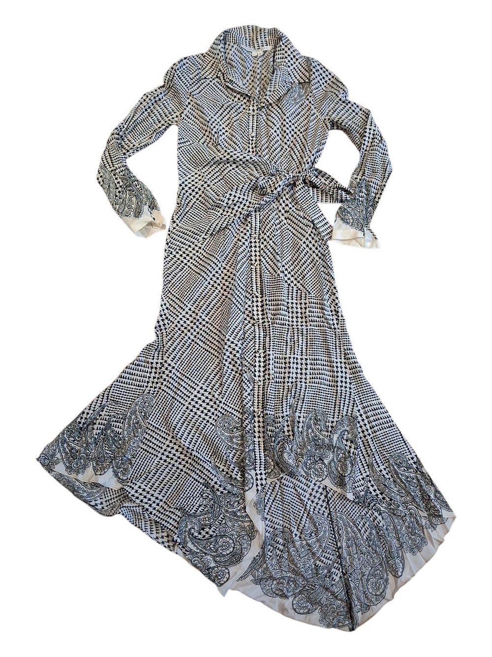 Veronica Beard Black and White Printed Silk Blend Maxi Dress with Tie Waist